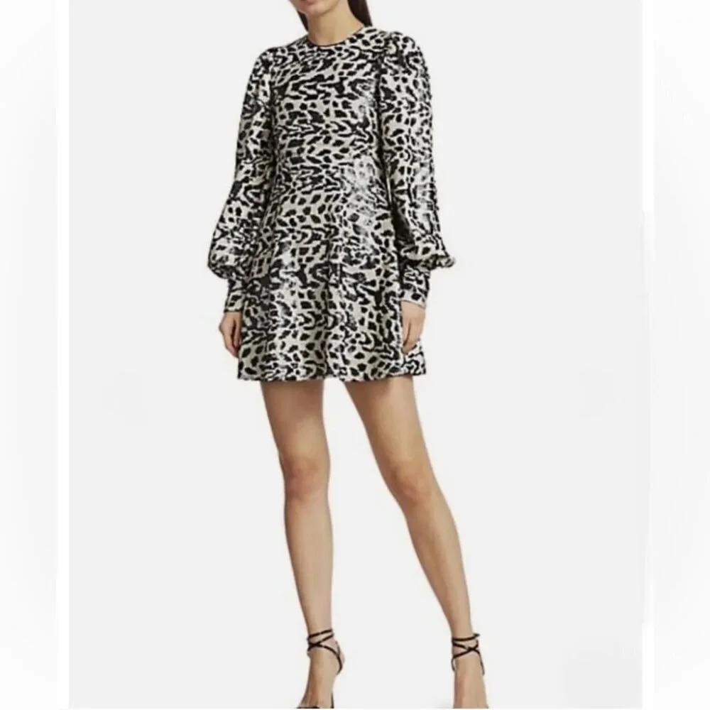Rotate Birger Christensen Alison Sequin Leopard Puff Sleeve Mini Dress Size 4